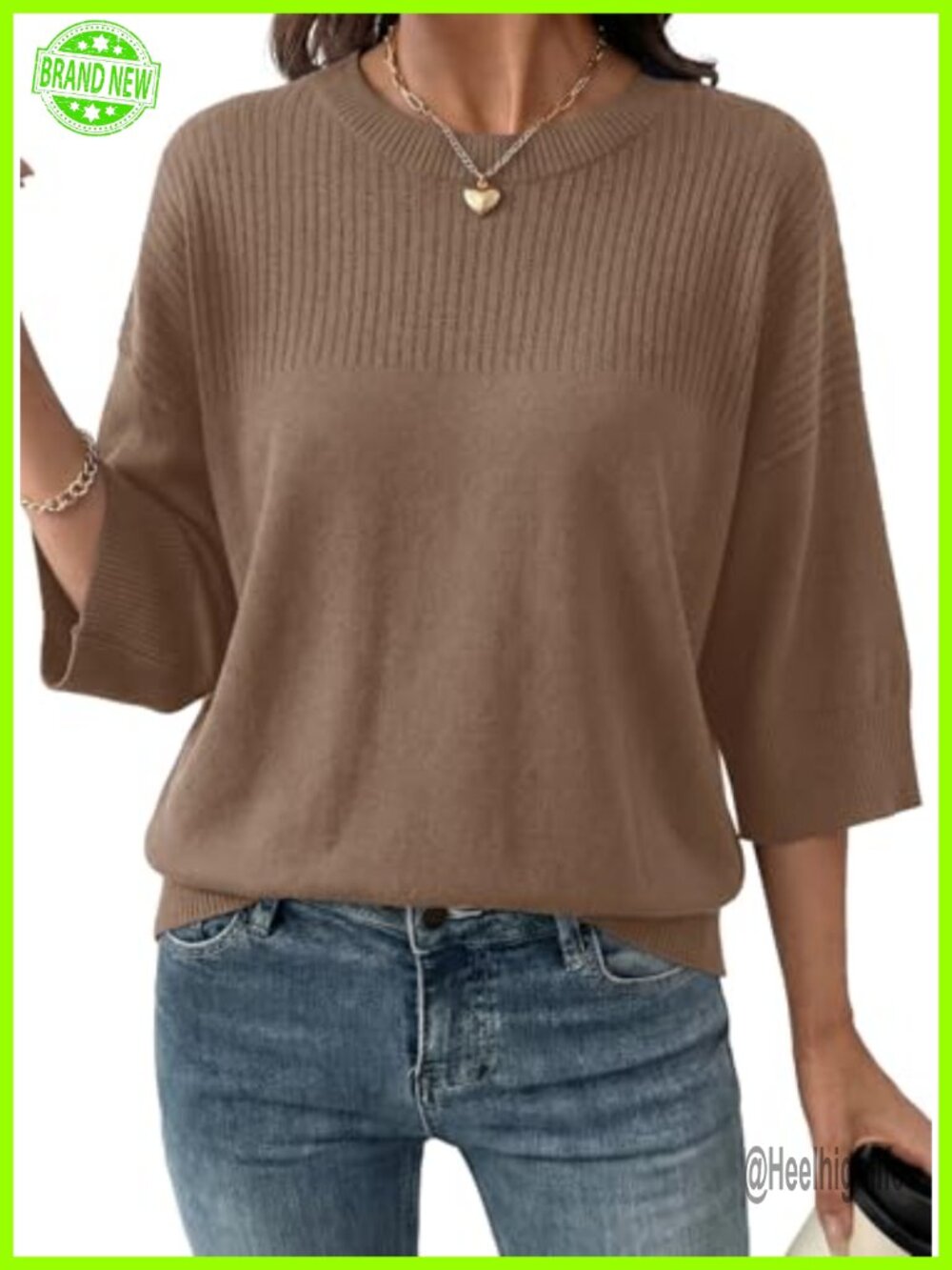 Womens 3/4 Sleeve Cropped Sweater Pullover Lightweight Knit Top